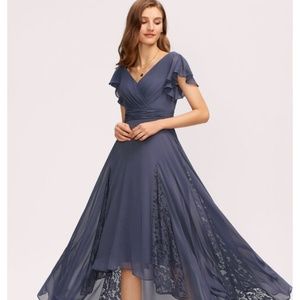 A-Line V-neck Asymmetrical Chiffon Dress With Ruffle Lace